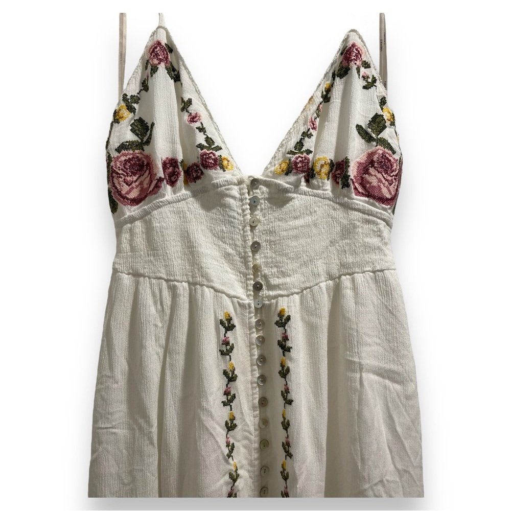 Forever 21 White Maxi Dress with Pink and Yellow Floral Embroidery